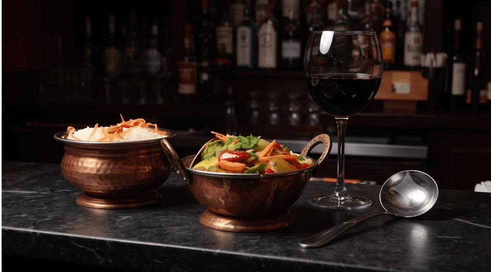 Concept: curry bowls at the bar, dark studio lighting